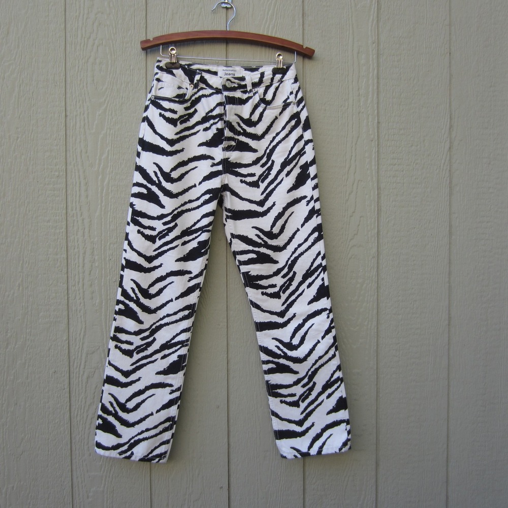 Reformation Cynthia High Rise Straight Jeans 27 Zebra Print Black White Cotton